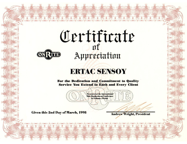 Certificate of Appreciation 1998